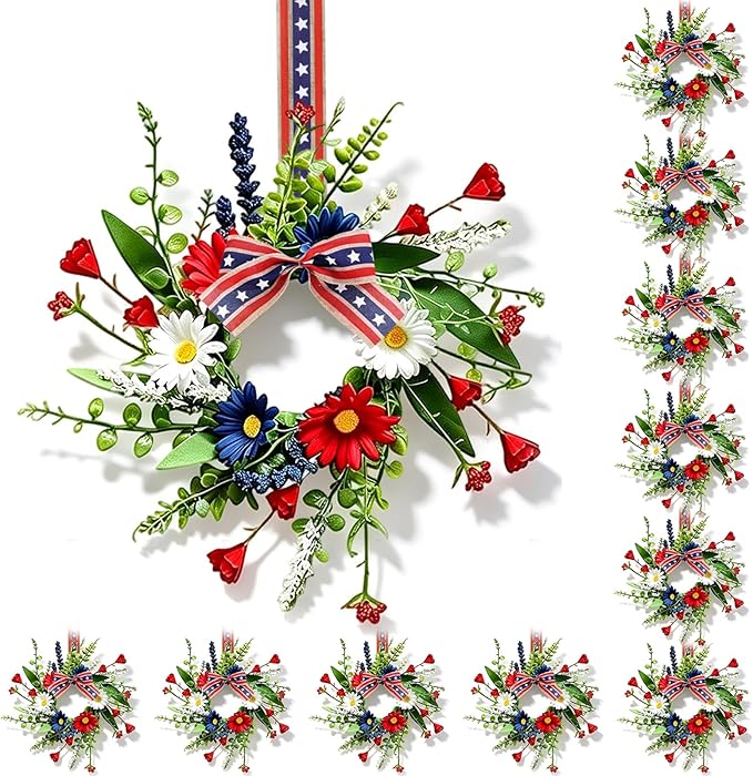 12 Pcs Mini Patriotic American Kitchen Cabinet Wreaths Small 4th of July Floral Swag Wreath for Front Door with Ribbon Daisy July Independence Day Hanging Wreath for Porch Wall Farmhouse Decor