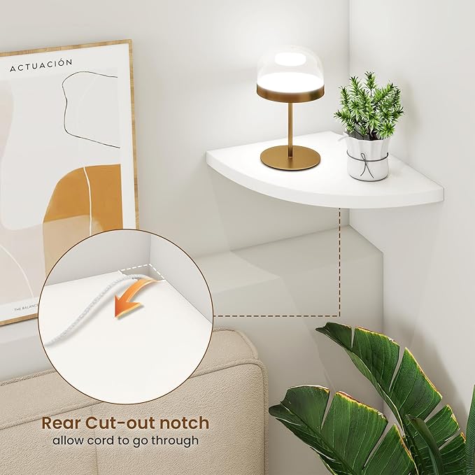 Fun Memories Corner Shelf Wall Mount, Solid Oak Wood Floating Corner Shelves with Cable Hole, 10in Rustic Design for Bedroom, Bathroom, Kitchen, Living Room (White, 1 Pack)
