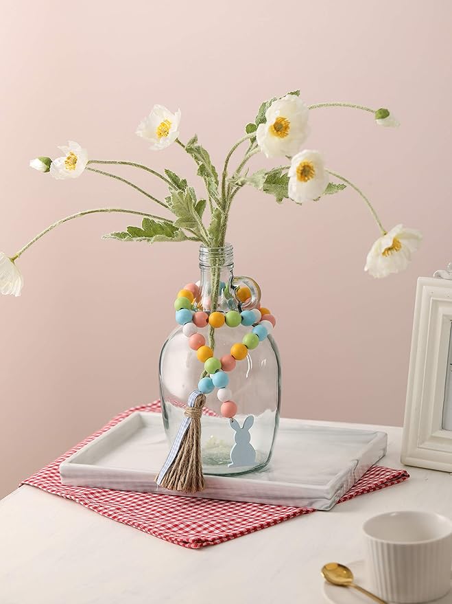 Easter Spring Wood Beaded Garland with Tassels and Bunny Tag Farmhouse Wooden Beads for Tiered Tray Decorations Holiday Country Rustic Prayer Boho Beads Rae Dunn Shelf Décor (Easter Bunny Blue)