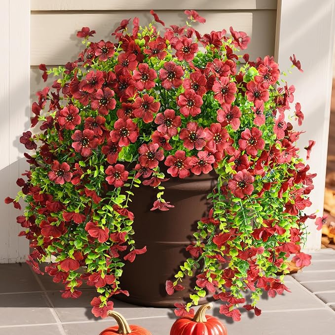 Homsunny Artificial Fake Mums Flowers Plants for Outdoor Decoration, 2 PCS Faux Daisy Silk Flowers Outside UV Resistant Realistic Home Decor for Porch Patio Balcony Garden Window Box(Brown)
