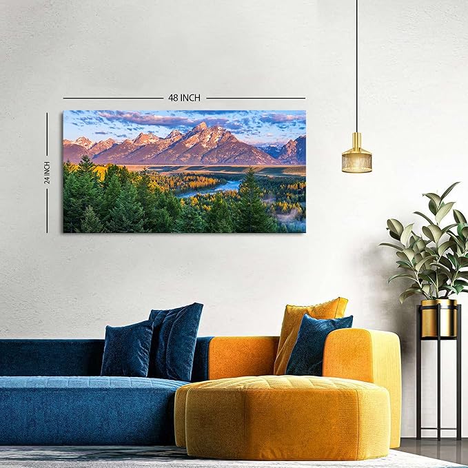 AIYISU Grand Teton Mountain Wall Art Sunset Nature National Park Posters Oxbow Bend Snake River Landscape Wall Decor Wyoming Scenery Painting Artwork for Living Room Office Home Decoration 24x48