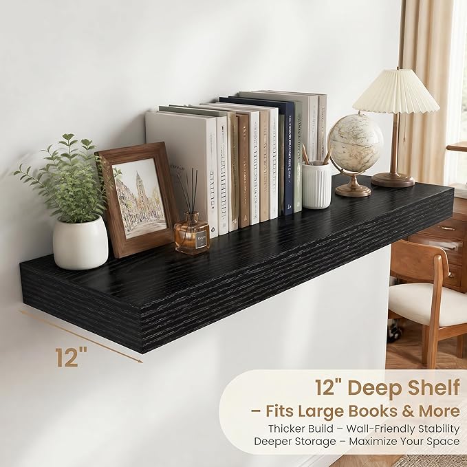 FLYJOE 24 Inch Long Floating Shelves for Wall Set of 2, 12" D Wood Grain Bathroom Shelves with Invisible Brackets, Easy Install Engineered Wood Storage Shelves for Kitchen, Living Room, Bedroom