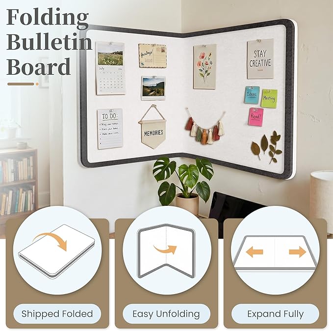 Bulletin Board, 24 x 18 inches Decorative Felt Foldable Photo Pin Boards, Vision Board Cork Board Alternative for Walls, Office, Home, Classroom with Pushpins ＆ Small Storage Bag, Black