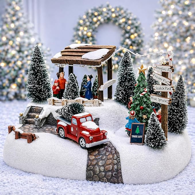 MOMENTS IN TIME Christmas Village Tree Animation Building Home Decor with LED Lights and Christmas Music Battery Operated (not Included)
