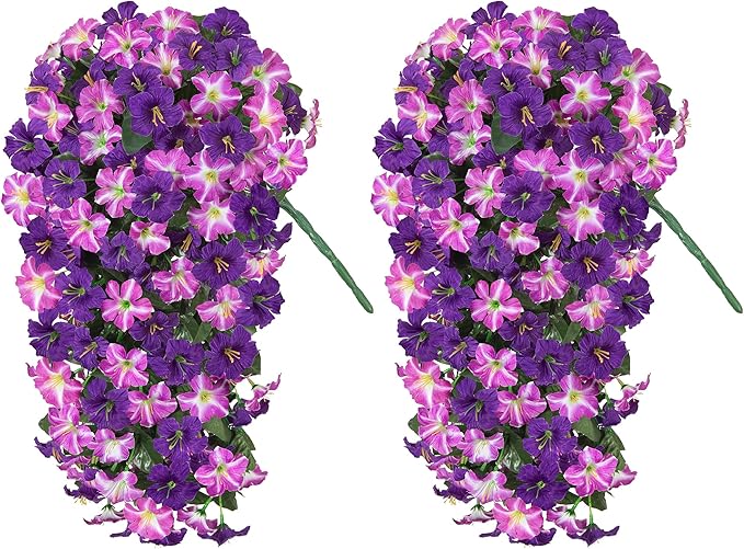 HyeFlora Artificial Flowers for Outdoors, 2pcs Faux Hanging Morning Glory Silk Fake Flowers Lifelike Artificial Plants UV Resistant Flowers for Outside Planter Patio Garden Porch Decor (White)