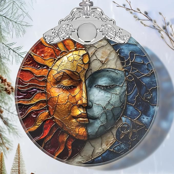 Stained Glass Suncatcher Ornament - Sun and Moon Christmas Decorations - Christmas Ornaments for Tree - Holiday Present Ideas - Gift Exchange