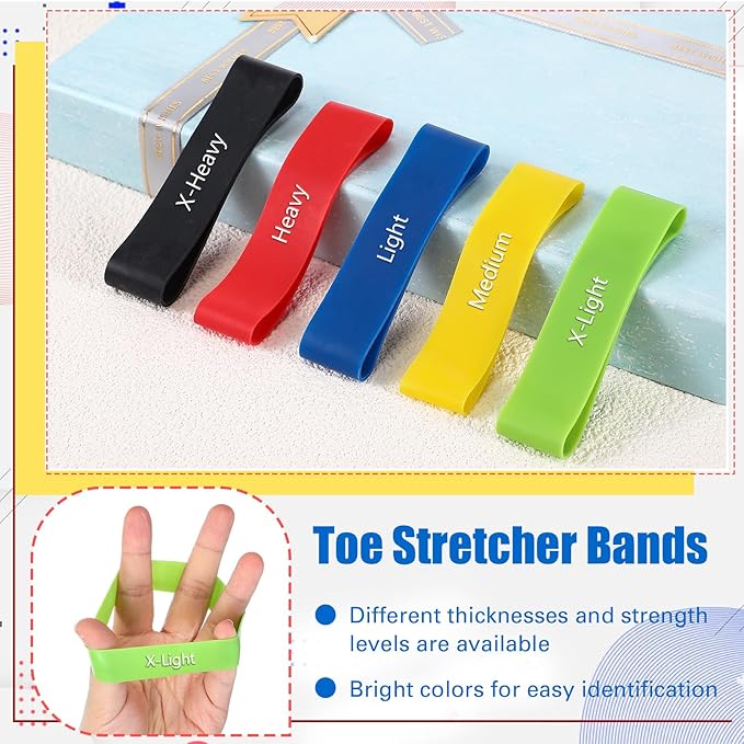 Set of 5 Toe Stretcher Band Separator Spacer Bunion Correction Hallux Valgus Alignment Foot Stretcher Straightener Resistance Loop Yoga Exercise Foot Care with Carry Bag(Multicolor)