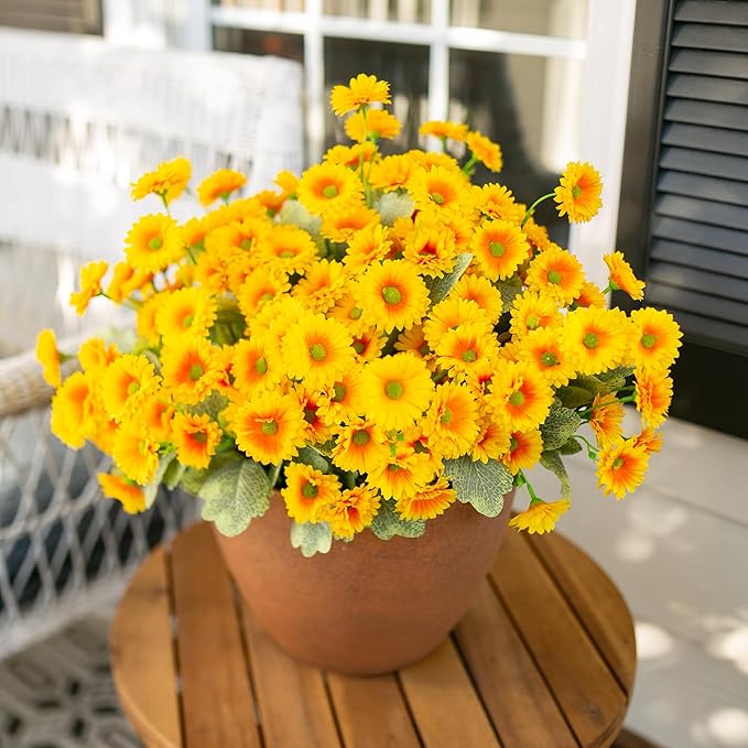 HyeFlora Dahlia Spring Artificial Flowers for Outdoors Fake Plants, 6 Bundles Outside Silk Daisy Realistic UV Resistant Faux Flowers for Outdoor Planters Porch Patio Yard Garden Home Decor, Yellow