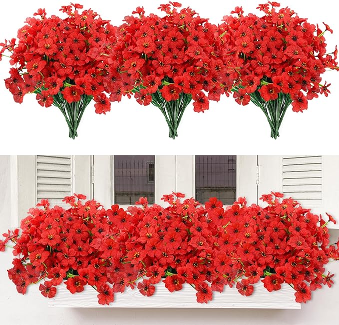 MACTING 12 Bundles Artificial Flowers for Outdoors Fake Flowers UV Resistant Faux Plastic Plants No Fade for Planters Window Patio Porch Garden Home Outside Spring Summer Decorations,Red