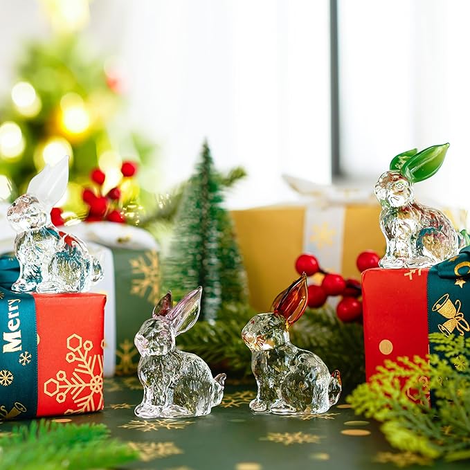 H&D HYALINE & DORA Crystal Easter Bunny Figurines, Spring Easter Rabbit Decor Statue, Crystal Clear Animal Sculpture Centerpiece Table Home Decoration, Pack of 4