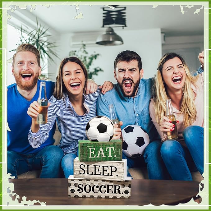 Yuntau 4 Pcs Soccer Wooden Tabletop Decor Soccer Tiered Tray Decor Rustic Wood Block Sign Gift Centerpiece Farmhouse Table Sign for Home Boys Room Office Shelf Birthday Party