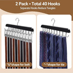 2 Pack Tie Rack and Belt Hanger 40 Hooks 360 Swivel Foldable Wooden Closet Rod Organizer Space Saving for Ties Belts Hats Bras Tank Tops Black