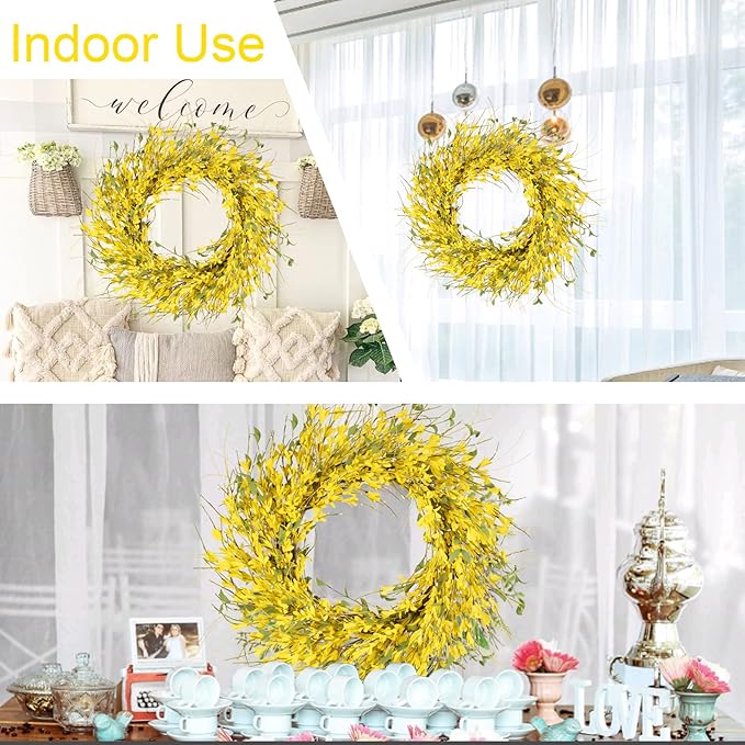GTIDEA 24" Spring Summer Wreaths for Front Door Artificial Forsythia Flower Wreath on Grapevine Yellow Door Wreath Floral Wreath for Home Indoor Wall Window Garden Porch Farmhouse Decor