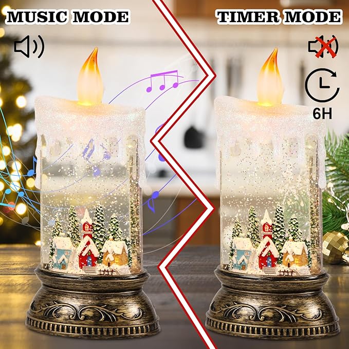 Christmas Snow Globe Candle with Timer & Music, Snowy Cabin Scene, Swirling Glittering Candle Shaped Snow Lantern, USB/Battery Operated Lighted Lantern for Christmas Decoration
