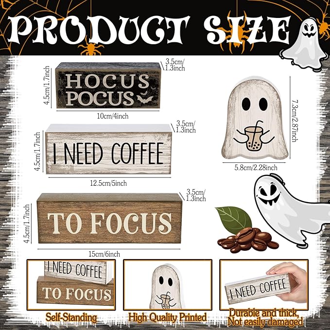 Lineshading 4 Pcs Halloween Coffee Table Decor Coffee Ghost Wooden Stack Block Decor Halloween Tiered Tray Decoration Farmhouse Ghost Tabletop Centerpiece Decorations for Home Kitchen Office Bar Shelf