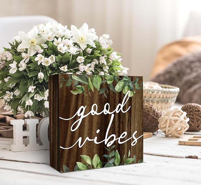 SRADMO Inspirational Green Botanical Eucalyptus Leaves Wood Box Sign Desk Decor, Rustic Eucalyptus Leaves Wooden Block Box Sign Decor for Home Office Shelf Table Decorative Accessories