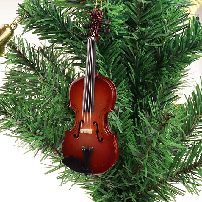 Wooden String Miniature Violin Hanging Ornament Mini Musical Instrument Replica Holiday Tree Home Decoration Display Ornament (4.72" Violin)