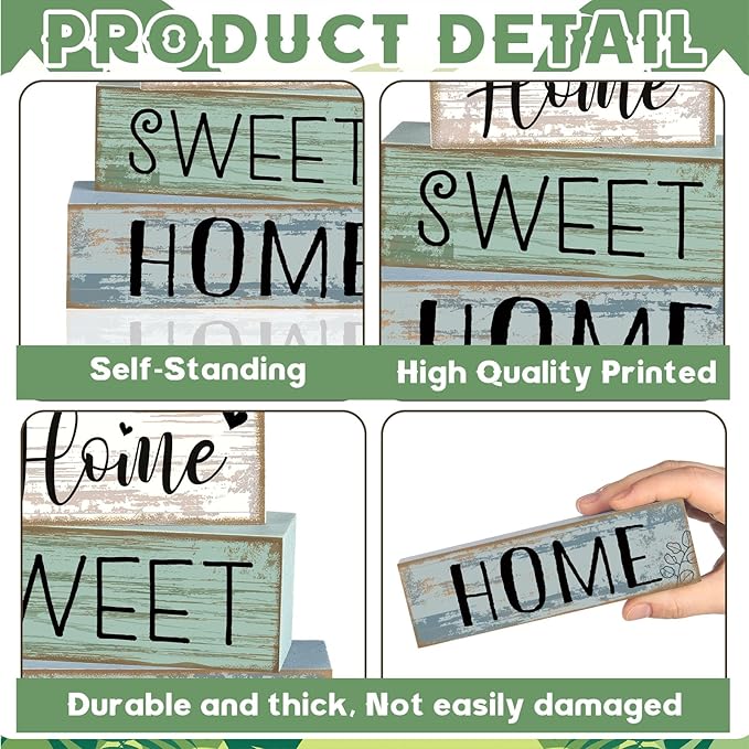 Moucuny 4 Pcs Wooden Farmhouse Table Decor Rustic Home Sweet Home Stacked Blocks Decoration Farmhouse Tiered Tray Decor Decorative Eucalyptus Block Signs Gift for Kitchen Shelf Coffee Table