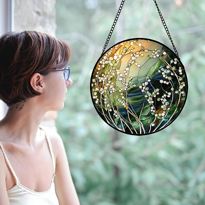 Stained Glass Suncatcher, Yellow Green Gradient Flower Sun Catcher Plants Stain Glass Window Hanging Decoration Mother's Day Birthday Gifts for Women Men Mom and Nana 7.8 in