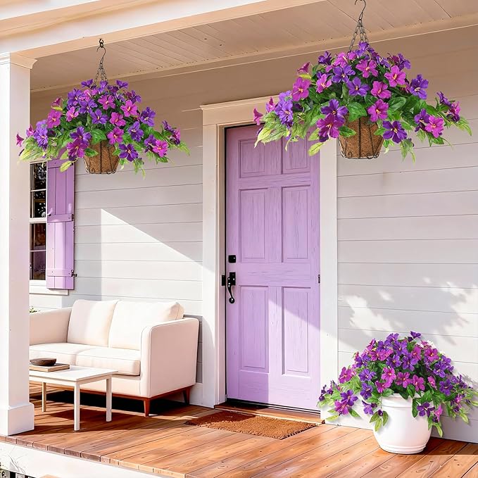 Homsunny Artficial Fake Hanging Flowers Plants with Baskets, 3PCS Silk Faux Outdoor Flowers UV Resistant Real Touch Plastic Flowers for Spring Garden and Home Patio Yard Decor (Light Purple Red)