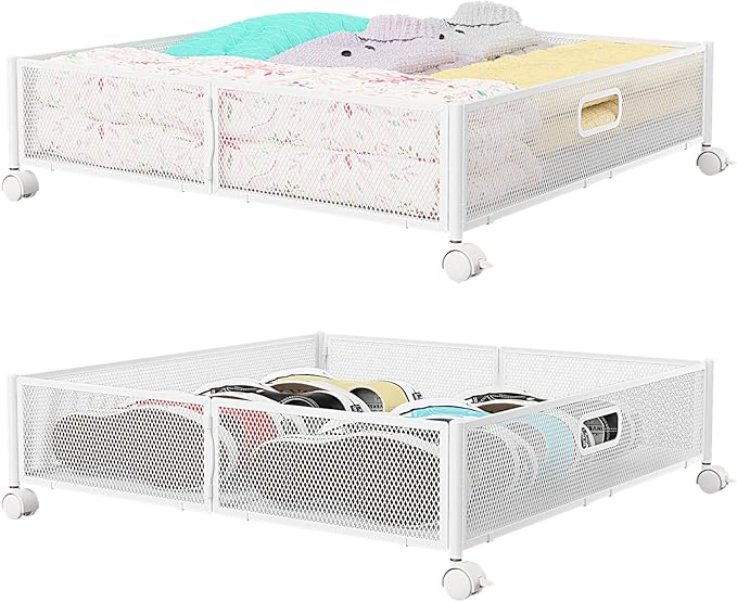 Under Bed Storage Containers with Wheels - Shoe Storage Organizer Drawer, Tool-free Assembly Metal Underbed Storage Containers for Bedroom Clothes, Shoes, Blankets - 2Pack