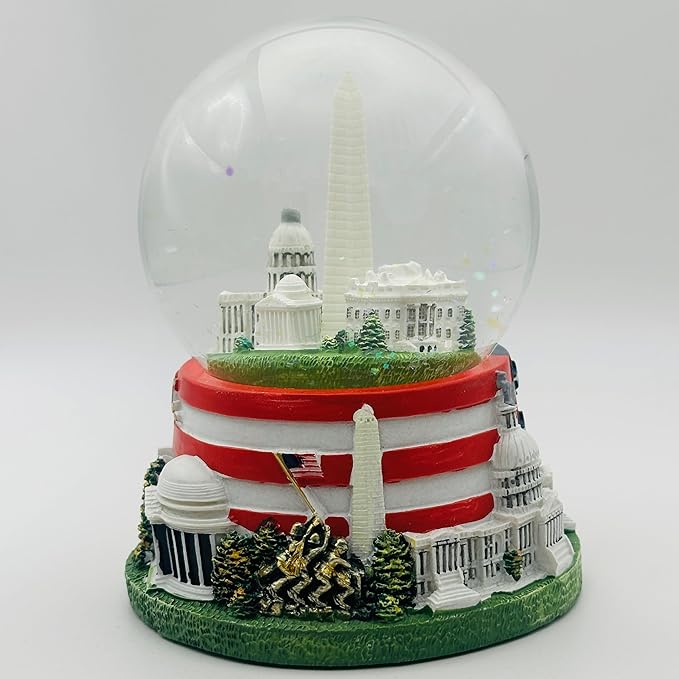 4.75" Washington DC Landmarks Snow Globe, Ceramic Looking Poly Resin, with US Flag and Glitter, White House, Capitol, Jefferson Memorial, and Washington Monument (Large Flag Base Panorama Globe)