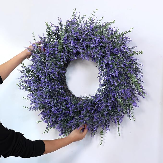 26" Lavender & Eucalyptus Wreath for Front Door, Porch, Window - Large Artificial Greenery Outdoor Wreath for Home, Farmhouse Decor - Spring, Summer, Fall, All Seasons (Purple)