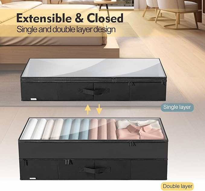 Large Under Bed Storage Containers, 2-Pack Double Layer Underbed Storage Bins with 3 Handles, 70L Extensible/Closed Clothes Storage Organizer with Sturdy Bottom Sidewalls, Black