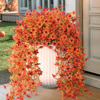 INQCMY Artificial Fall Fake Flowers for Outdoor Fake Hanging Decoration,2PCS Faux Mums Silk Flower with Autumn Leaves UV Resistant No Fade for Home Planter Porch Patio Yard Balcony Garden(Orange Red)