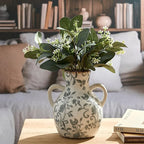 SIDUCAL Ceramic Vintage Pastoral Vase with Handles, 7 Inch Chinoiserie Floral Vase, Retro Ice Cracked Rustic Farmhouse Vases for Home Decor, Living Room, Bookshelf, Office, Tuscan Decor, Gray Floral