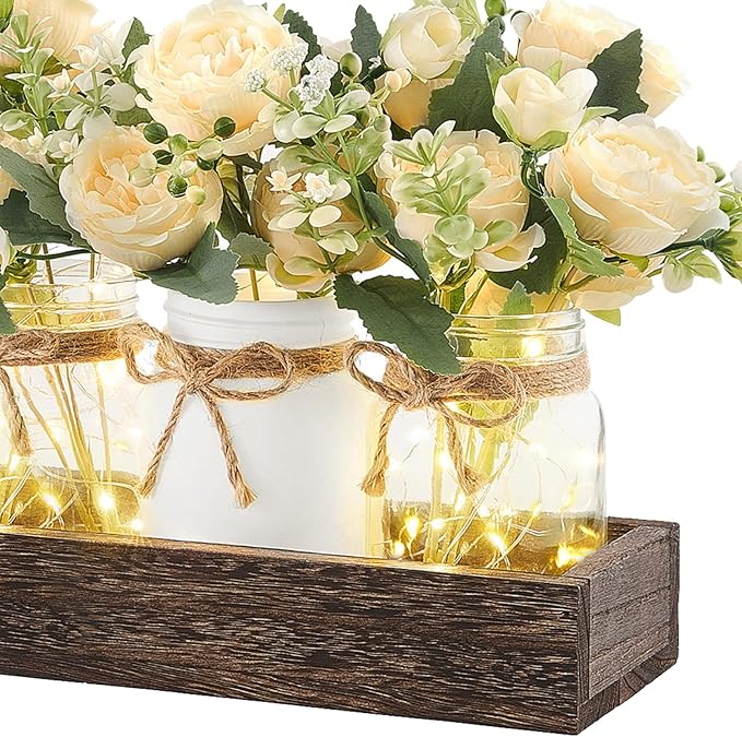 Mkono Mason Jar Lights Centerpiece Table Decor for Dining Room Farmhouse Wood Tray with Flowers Valentines Day Decoration for Coffee Table Kitchen Living Room Wedding