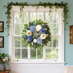 24 Inch Spring Wreaths for Front Door, Spring Summer Door Wreath with Blue Hydrangea White Peony Flower Wreath for All Season Outside Indoor Outdoor Home Porch Wall Decor
