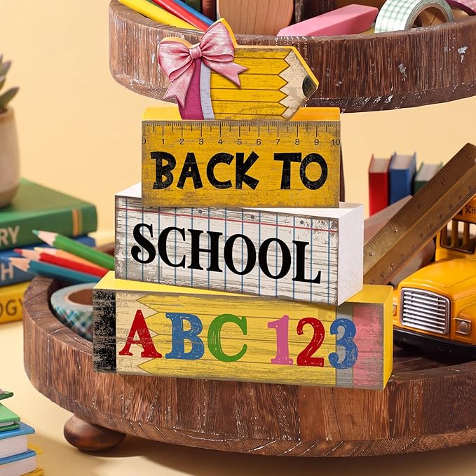 Lineshading 4 Pcs Back to School Table Decorations Wooden Pencil Stacked Block Decor, "ABC 123" Signs with Pencil Topper, Rustic Back to School Tiered Tray Decoration for Home Classroom Teacher Desk