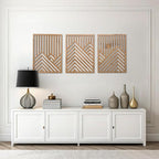 qmmp Modern Wooden Wall Sculptures - Set of 3 - Home Decor Accent - Large Wall Art for Living Room, Bedroom, Office - Easy Installation (Oak, XLarge - Mountain and Sun)