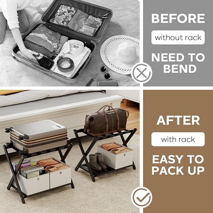 2 Pack Fully Assembled Black Luggage Racks with 4 Storage Boxes, Bamboo 26.77" Foldable Suitcase Stand for Guest Room with 5 Nylon Straps, Luggage Rack Holder with Shelf for Bedroom Hotel