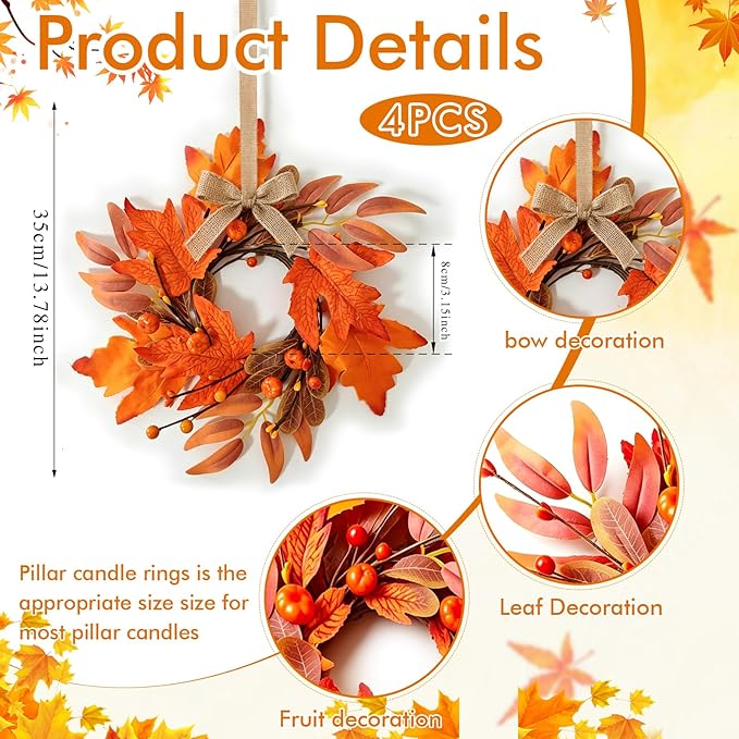 4 PCS Mini Fall Wreaths for Kitchen Cabinet 9 Inch Fall Maple Leaf Wreath for Front Door Small Autumn Hanging Wreath Thanksgiving Candle Ring for Farmhouse Home Porch Wall Window Table Decoration