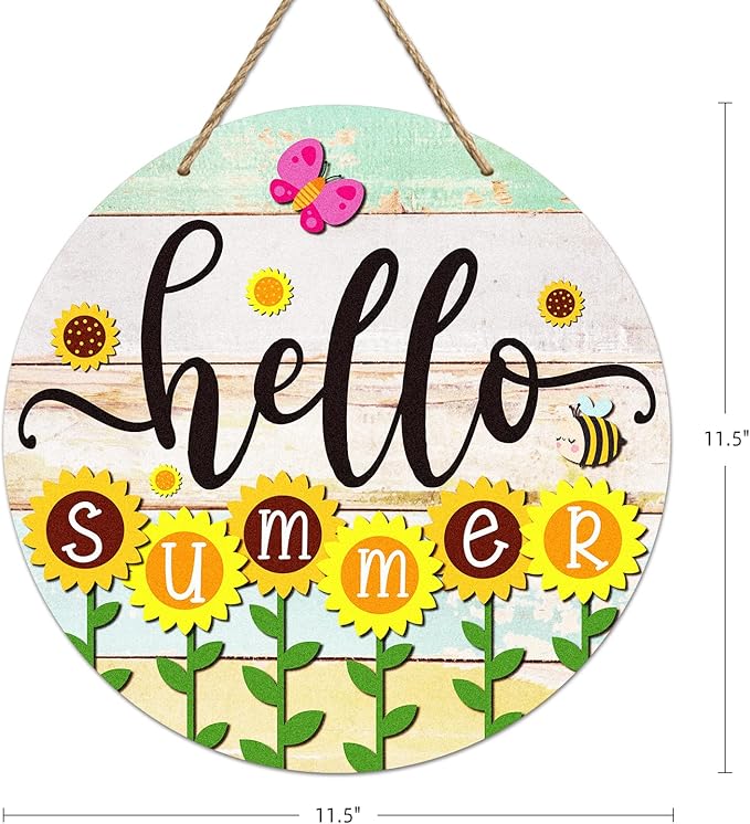 PETCEE Hello Summer Door Sign - 11.5"Farmhouse Sunflower Front Door Decor Welcome Hanger Wreaths for Home Office Summer Hanging Sign Wall Decorations Reusable Seasonal Sign for Kitchen Classroom Porch