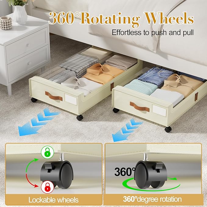 Yecaye Under Bed Storage with Wheels, 4 Pack Under the Bed Storage Containers with Lids & Label, XXL 60L Rolling Underbed Storage Drawers for Clothes, Blankets, Shoes, Beige