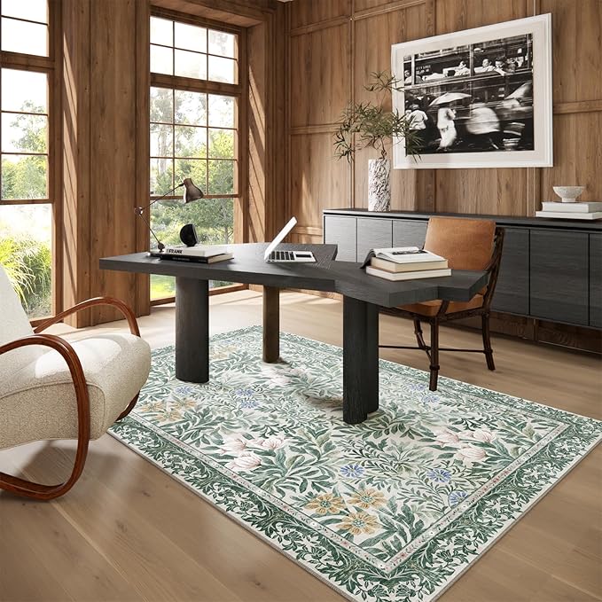 Botanical Floral Area Rug 4x6 Light Green Cream Vintage Garden Design, Perfect for Living Room, Bedroom, Kids Room, Nursery - Stain & Water Resistant Non-Slip, Pet & Child Friendly Area Rugs