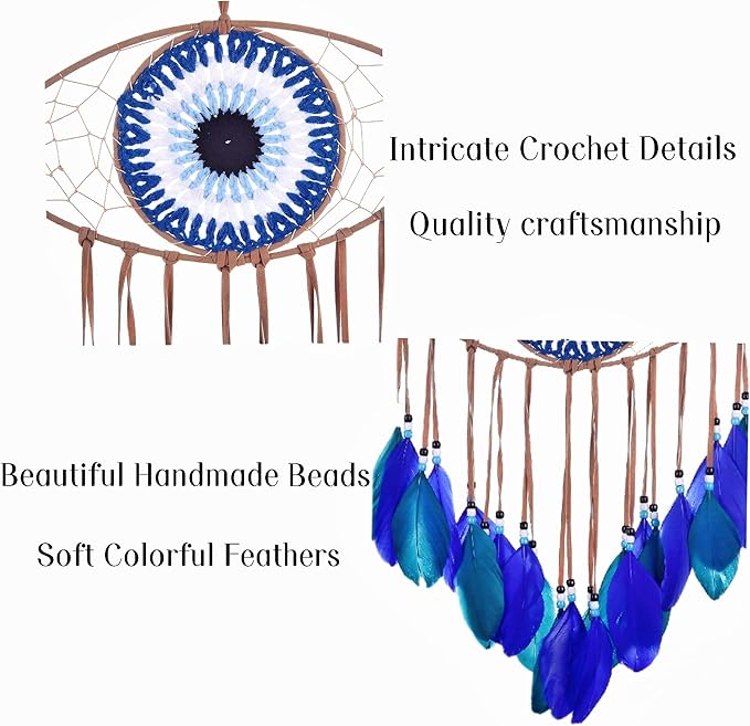 Holmgren Evil Eye Dream Catchers - Handmade Blue Dreamcatcher for Wall Art Apartment Decor, Good Luck Charm for Home Offices Living Spaces (Blue)