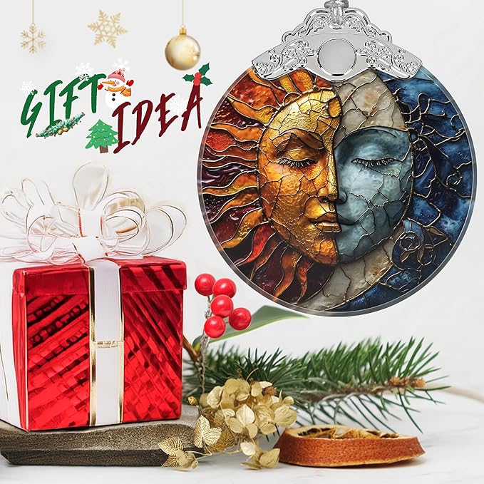 Stained Glass Suncatcher Ornament - Sun and Moon Christmas Decorations - Christmas Ornaments for Tree - Holiday Present Ideas - Gift Exchange