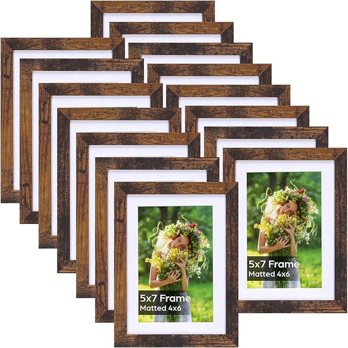 Lyeasw 4x6 Picture Frame 15 Pack, Rustic Brown Bulk Photo Frames 5 x 7 Matted to 4 x 6 Pictures, Display 4x6 with Mat or 5x7 without Mat, for Wall or Tabletop