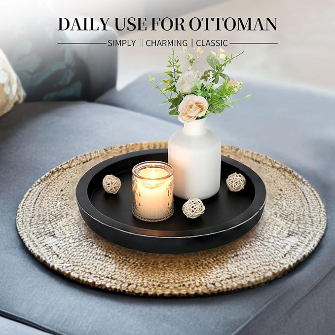 Hanobe Wooden Tray for Coffee Table: Candle Holder Plate Black Round Decorative Serving Tray - Vintage Table Centerpiece Rustic Farmhouse Home Decor