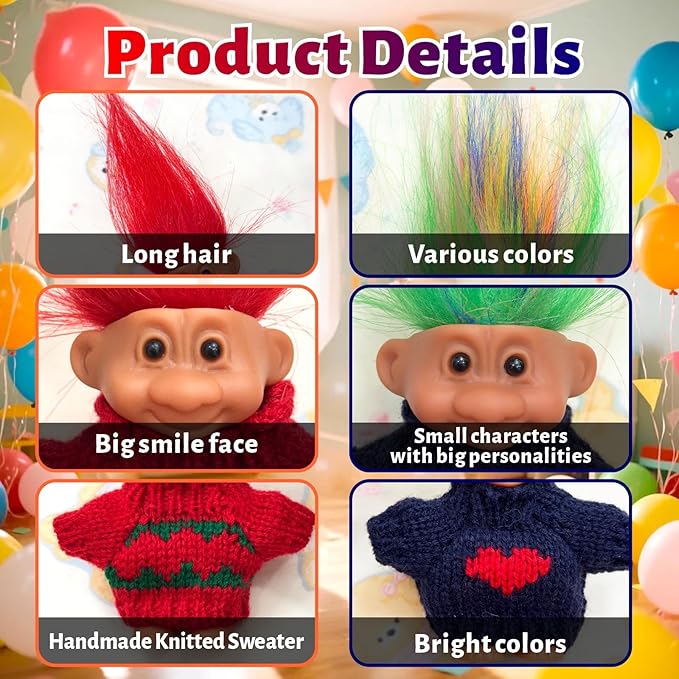 Retro Vintage Lucky Troll Dolls Assorted Hair Colors Chromatic Adorable for Collections, School Project, Arts and Crafts, Party Favors (Red)