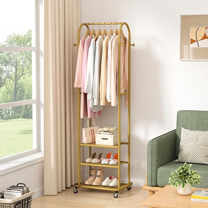 Heavy Duty Clothing Rack with Wheels,Modern Garment Rack with 3 Metal Shelves, 71.8Inches Display Rack for Hanging Clothes, Hanging Rod for Small Space,Gold
