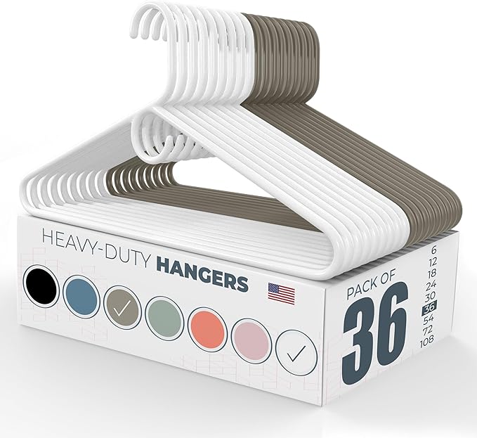 Neaties Heavy Duty Clothes Hangers 36 Pack – Made in the USA – 8lb Capacity Plastic Hangers for Adult Clothing – Durable for Pants, Coats, Jackets, or Jeans – White & Gray