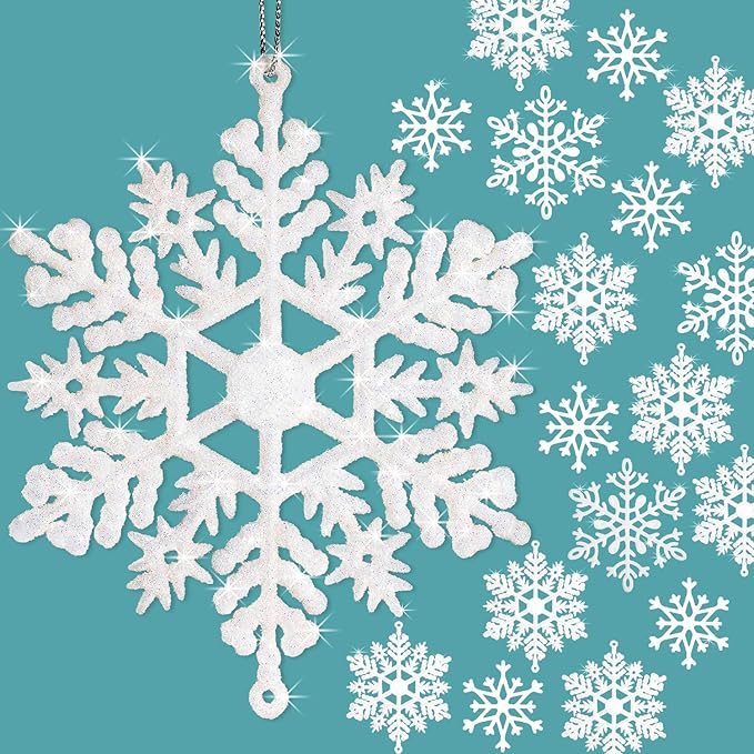Whaline 40Pcs White Glitter Snowflake Winter Snowflake Ornaments Christmas Hanging Decorations with 197 Inches Silver Rope for Wedding Birthday Home Xmas Tree Window Door Accessories