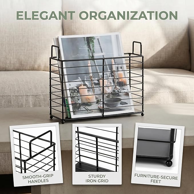 Noamus Metal Magazine Rack, Newspaper Book Tablet Storage Basket, File Holder Mail Organizer Bin with Handles, Iron Wire Black Folder Stand Holder for Home Office Bathroom Bedroom Den Living Room