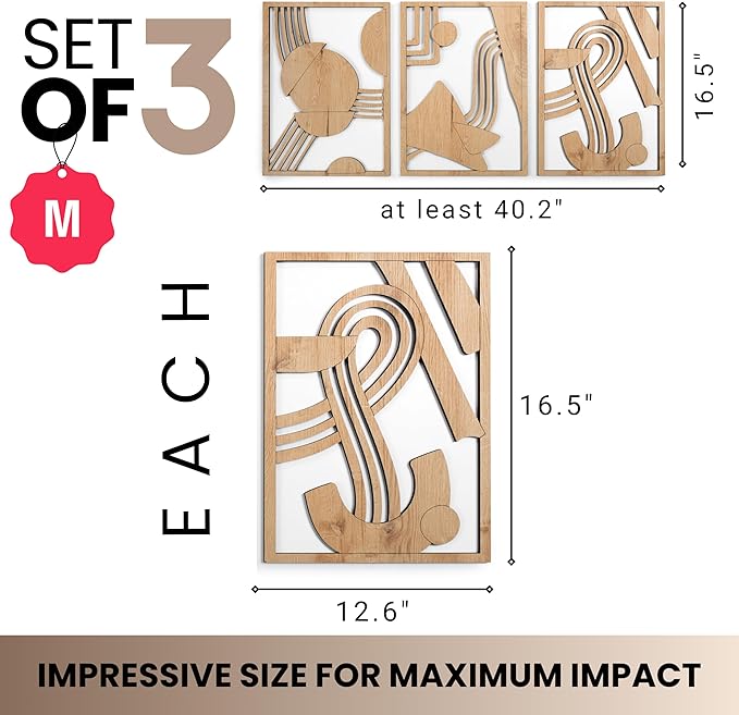 qmmp Modern Wooden Wall Sculptures - Set of 3 - Home Decor Accent - Large Wall Art for Living Room, Bedroom, Office - Easy Installation (Oak, Medium - Abstract Shapes)