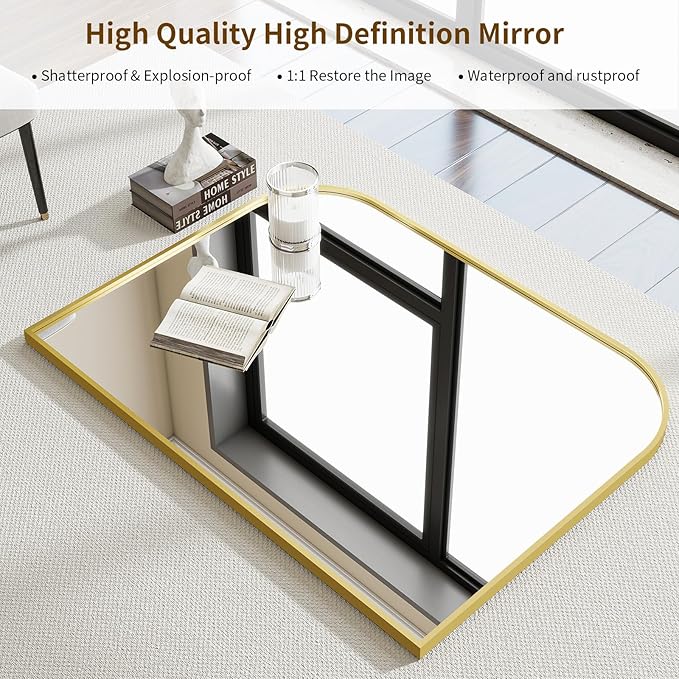 Gold Wall Mounted Bathroom Mirror - 38 x 30 Inch Round Cruved Top Right Angle Bottom Wide Wall Mirror, Aluminum Metal Framed, Decor for Living Room, Bedroom, Fireplace, Mantle, Entryway